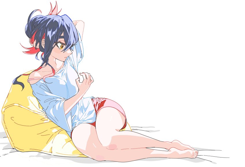 1girl, 5oh5s2, absurdres, alternate_costume, bare_legs, barefoot, black_hair, carmine_(pokemon), collarbone, cushion, eyelashes, highres, knees, legs_together, looking_down, multicolored_hair, nintendo, off_shoulder, parted_lips, pokemon, pokemon_scarlet_and_violet, red_hair, shirt, shorts, solo, two-tone_hair, white_shirt, yellow_eyes