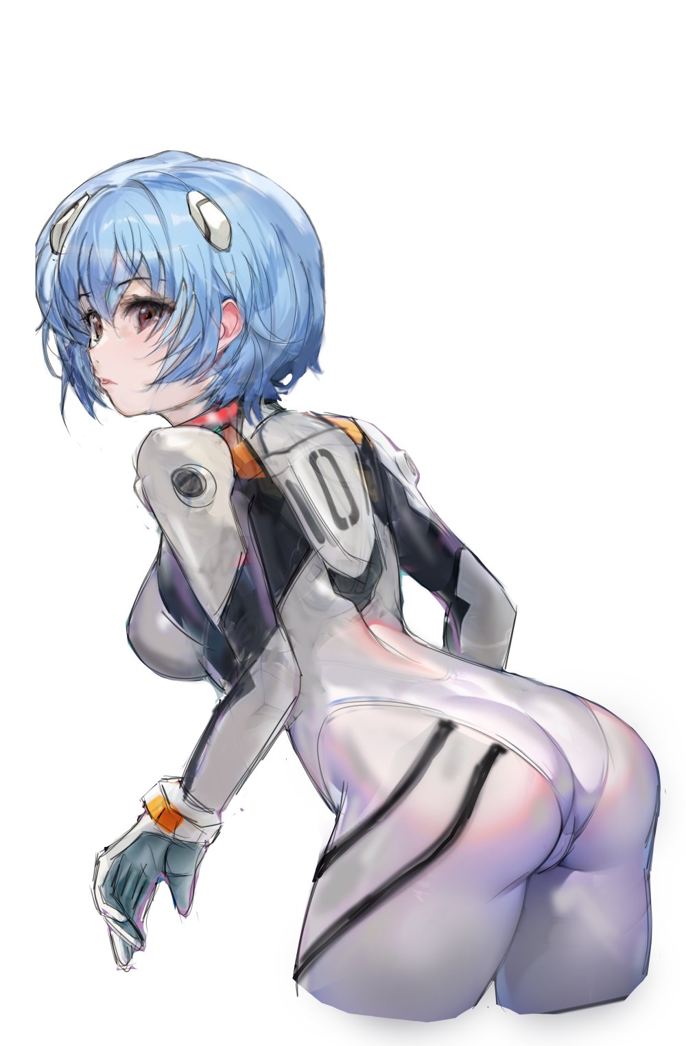 1girl, ass, ayanami_rei, blue_hair, bodysuit, commentary_request, cowboy_shot, cropped_legs