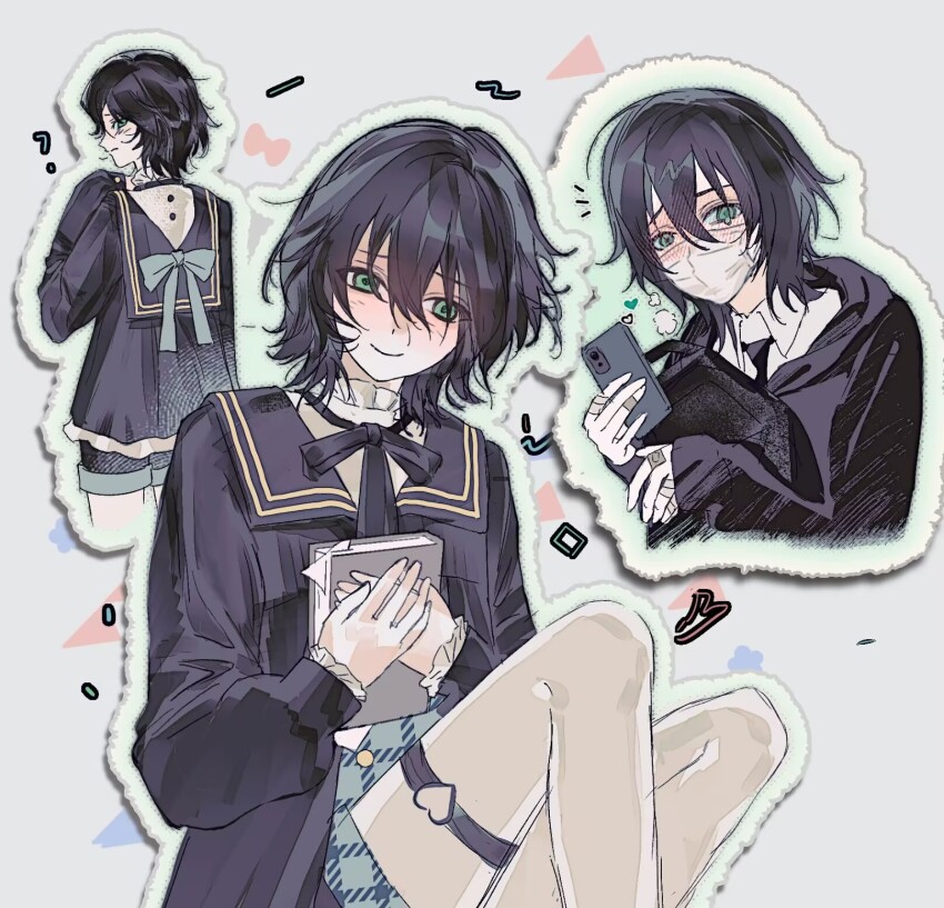 1boy, ?, bandaid, bandaid_on_finger, bandaid_on_hand, belt, black_bow, black_bowtie