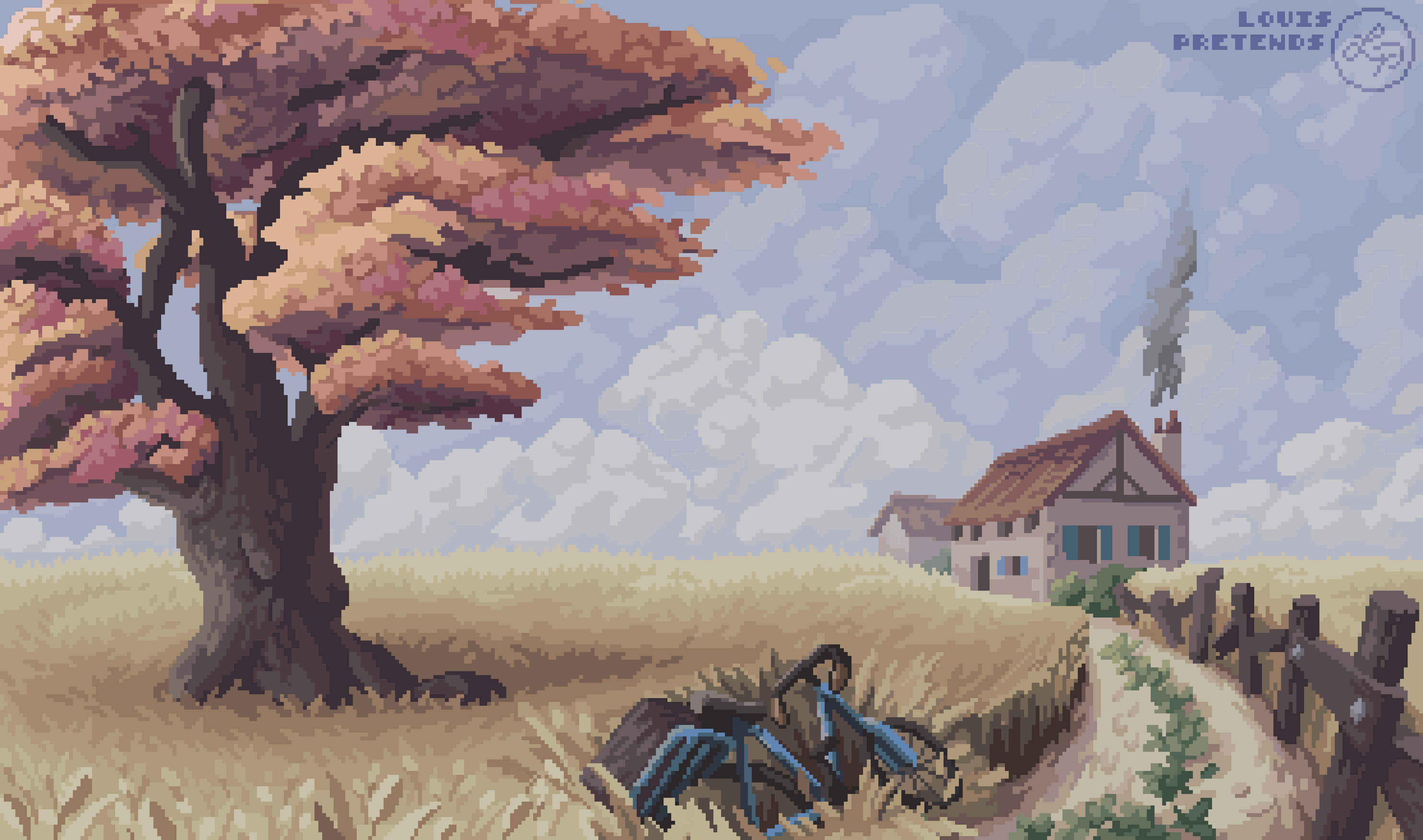 absurdres, artist_name, autumn, bicycle, chimney, cloud, cloudy_sky, day