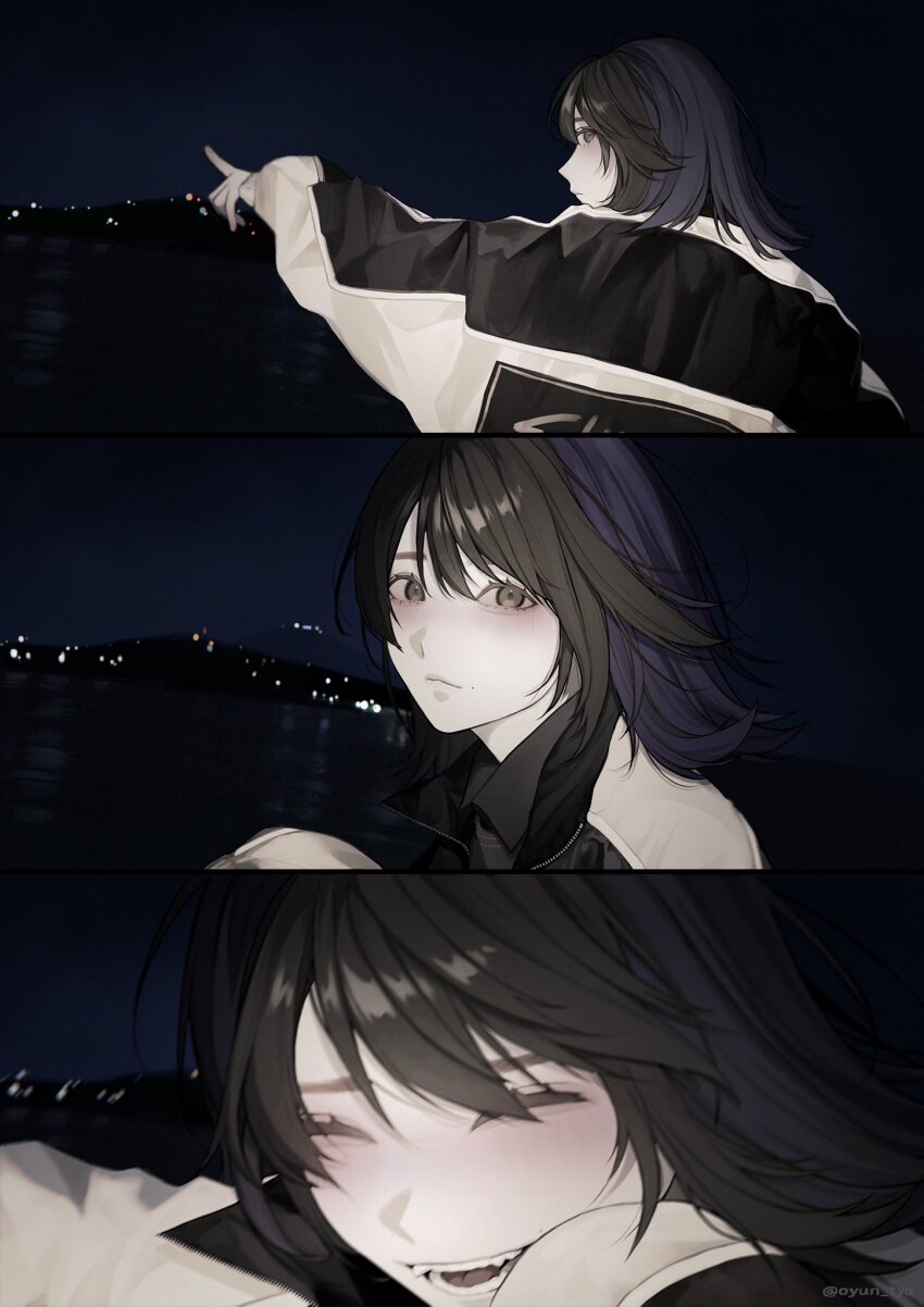 1girl, black_hair, black_jacket, blush, city_lights, closed_eyes, commentary, commentary_request, english_commentary, grey_eyes, highres, index_finger_raised, jacket, long_sleeves, looking_at_viewer, medium_hair, mole_beside_mouth, multicolored_jacket, night, ocean, open_mouth, original, outdoors, oyun_tya, pale_skin, pointing, pointing_forward, portrait, sequential, smile, twitter_username, two-tone_jacket, white_jacket