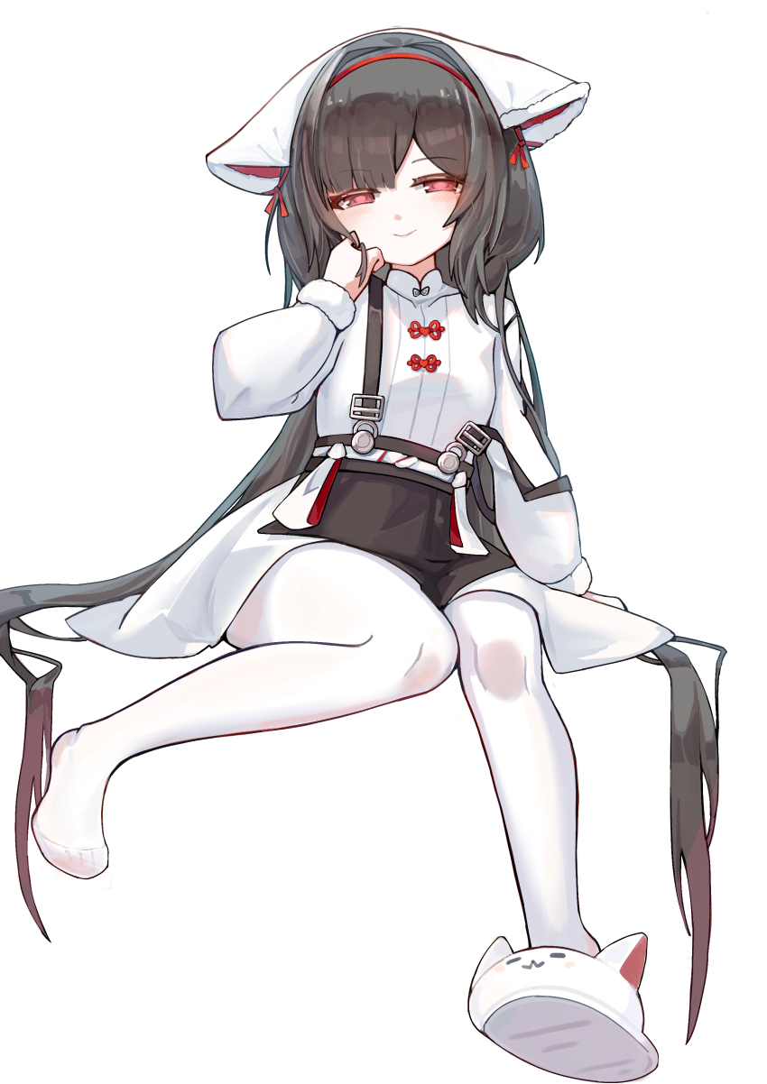 1girl, absurdres, animal_slippers, azur_lane, black_hair, chang_feng_(azur_lane), chang_feng_(cozy_spring_cleaning)_(azur_lane), closed_mouth