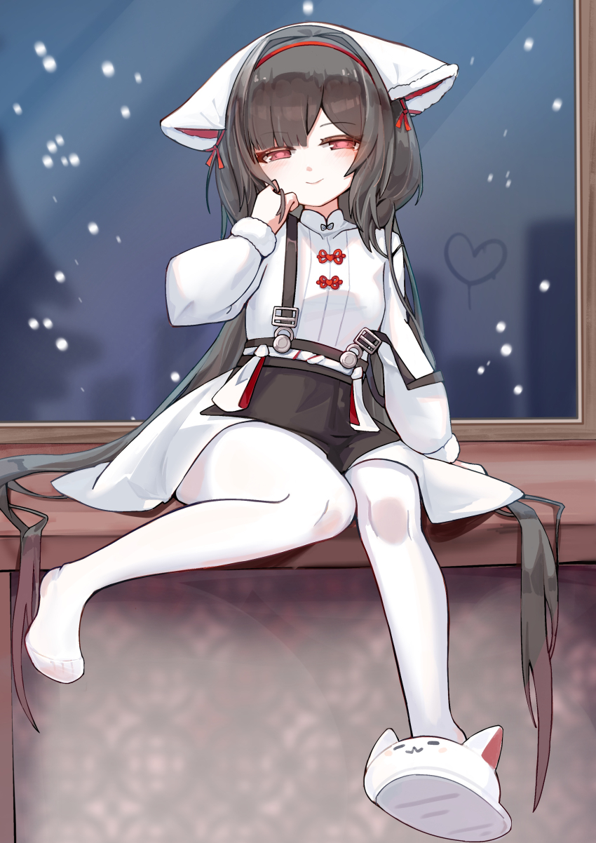 1girl, absurdres, animal_slippers, azur_lane, black_hair, chang_feng_(azur_lane), chang_feng_(cozy_spring_cleaning)_(azur_lane), closed_mouth, dhy-232, hair_intakes, hand_up, heart, highres, light_blush, long_hair, long_sleeves, looking_at_viewer, official_alternate_costume, pantyhose, red_eyes, sitting, slippers, smile, solo, very_long_hair, white_pantyhose, window