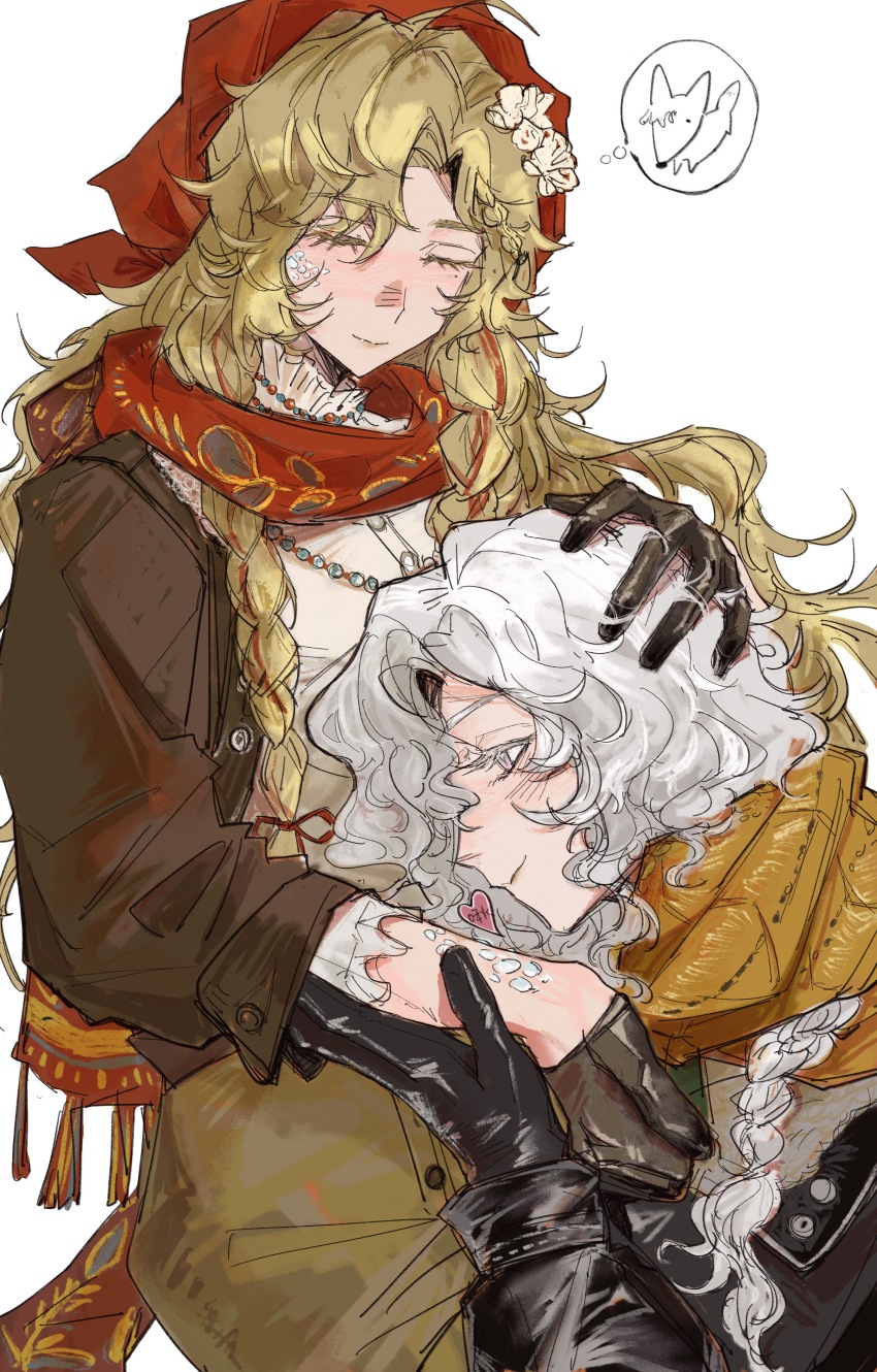 absurdres, black_gloves, black_jacket, blonde_hair, braid, brown_gloves, brown_jacket, brown_skirt, cherry_(cherryyingmo), chinese_commentary, closed_eyes, commentary_request, dog, gloves, hand_on_another's_head, headscarf, highres, holding_hands, imagining, jacket, kiss, kissing_hand, purple_eyes, red_scarf, reverse:1999, scales, scarf, shirt, skirt, smile, speech_bubble, thought_bubble, twin_braids, upper_body, vila_(reverse:1999), white_background, white_hair, white_shirt, windsong_(reverse:1999), yellow_scarf, yuri