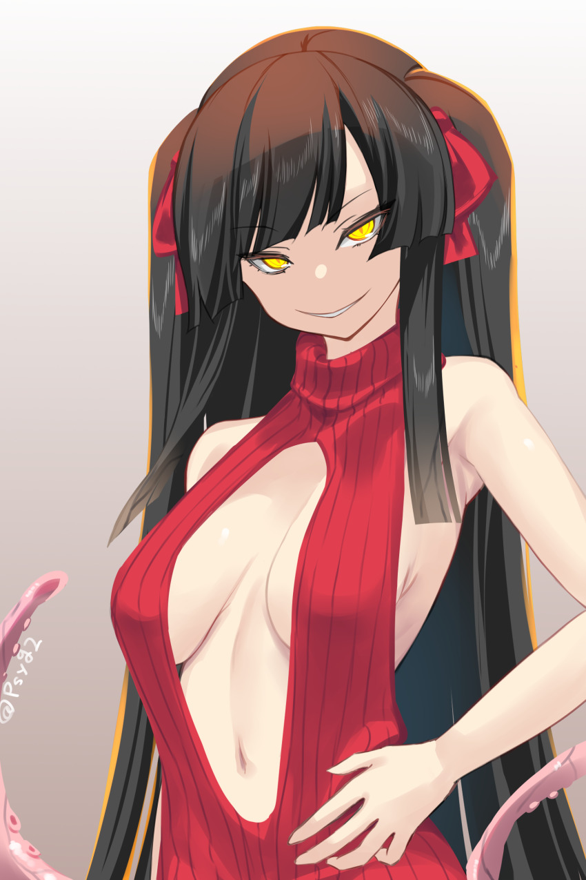 1girl, absurdres, alternate_costume, black_hair, breasts, brown_background, center_opening, christmas, cleavage, commentary_request, extra_eyes, grin, half-closed_eyes, hand_on_own_hip, highres, hiruko_(mon-musu_quest!), large_breasts, long_hair, looking_at_viewer, mon-musu_quest!, mon-musu_quest:_paradox, monster_girl, navel, pom_pom_(clothes), red_sweater, scylla, shiki_(psychedelic_g2), sideboob, simple_background, sleeveless, sleeveless_sweater, slit_pupils, smile, solo, sweater, tentacles, turtleneck, turtleneck_sweater, twitter_username, upper_body, v-shaped_eyebrows, very_long_hair, virgin_killer_sweater, yellow_eyes