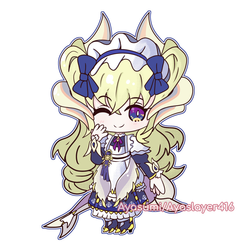 1girl, apron, artist_name, ayasumi_(ayaslayer416), blonde_hair, blush, bow, bowtie