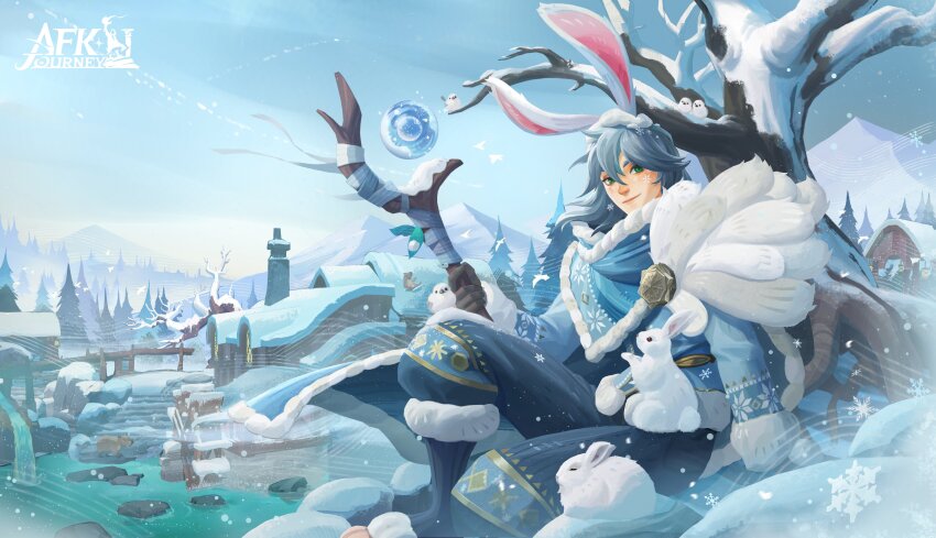 1boy, absurdres, afk_(series), afk_journey, animal_ears, animal_feet, bare_tree, bird