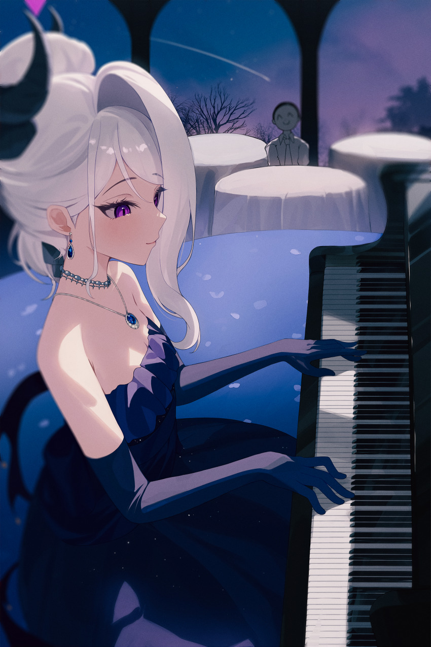 1boy, 1girl, absurdres, black_horns, blue_archive, blurry, breasts, closed_mouth