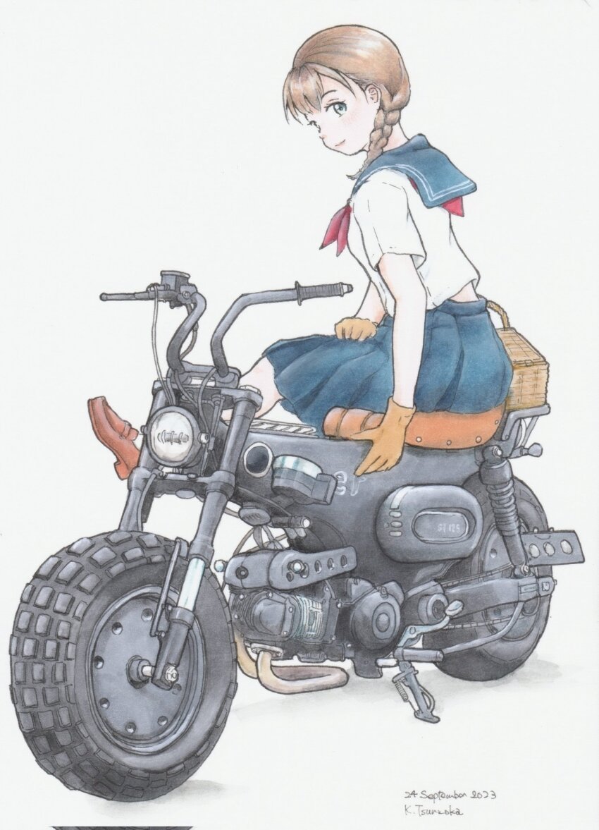 1girl, 2023, basket, blue_sailor_collar, blue_skirt, brown_hair, commentary_request, dated