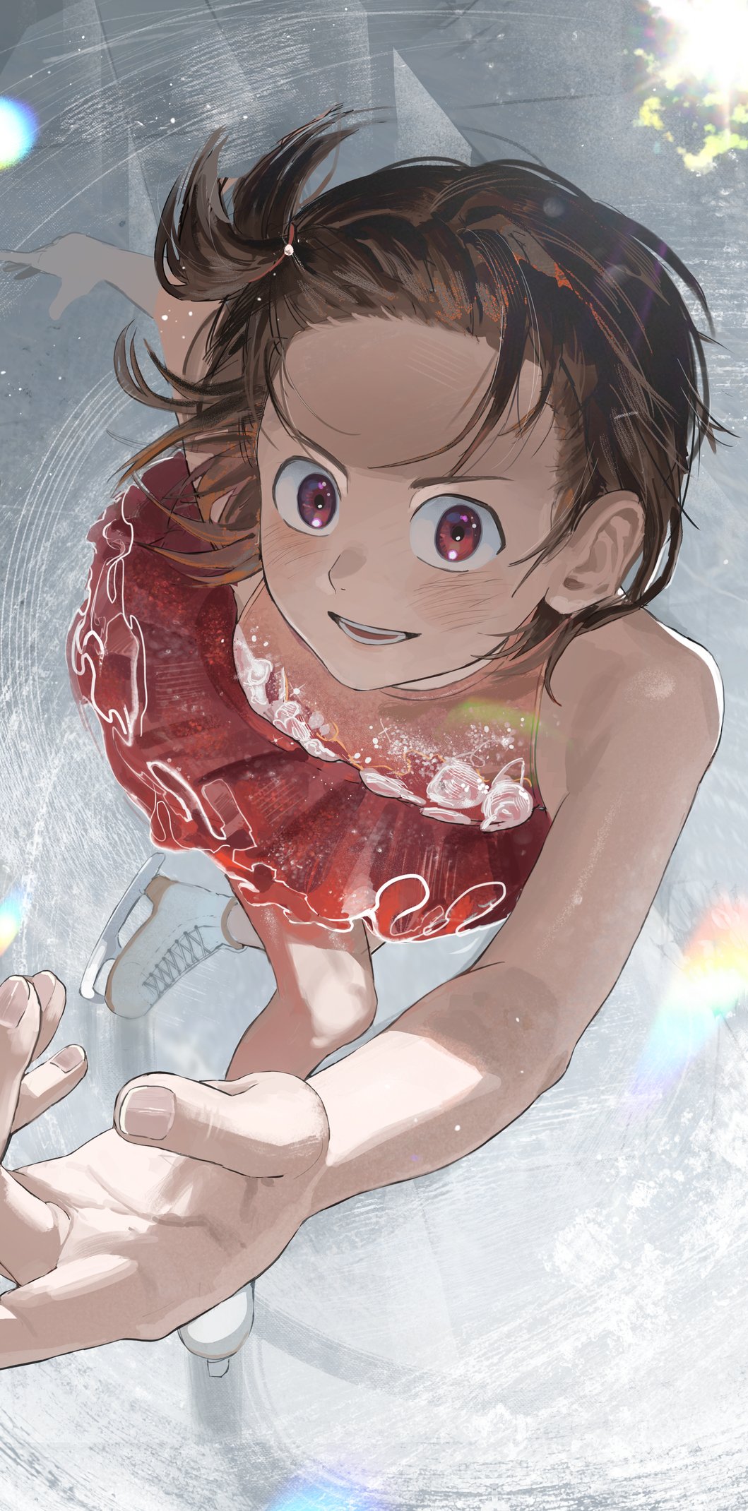 1girl, blush, brown_hair, figure_skating, figure_skating_dress, from_above, highres, ice, ice_skates, looking_at_viewer, medalist_(manga), on_ho10, open_mouth, outstretched_arm, red_eyes, short_hair, skates, smile, solo, yuitsuka_inori