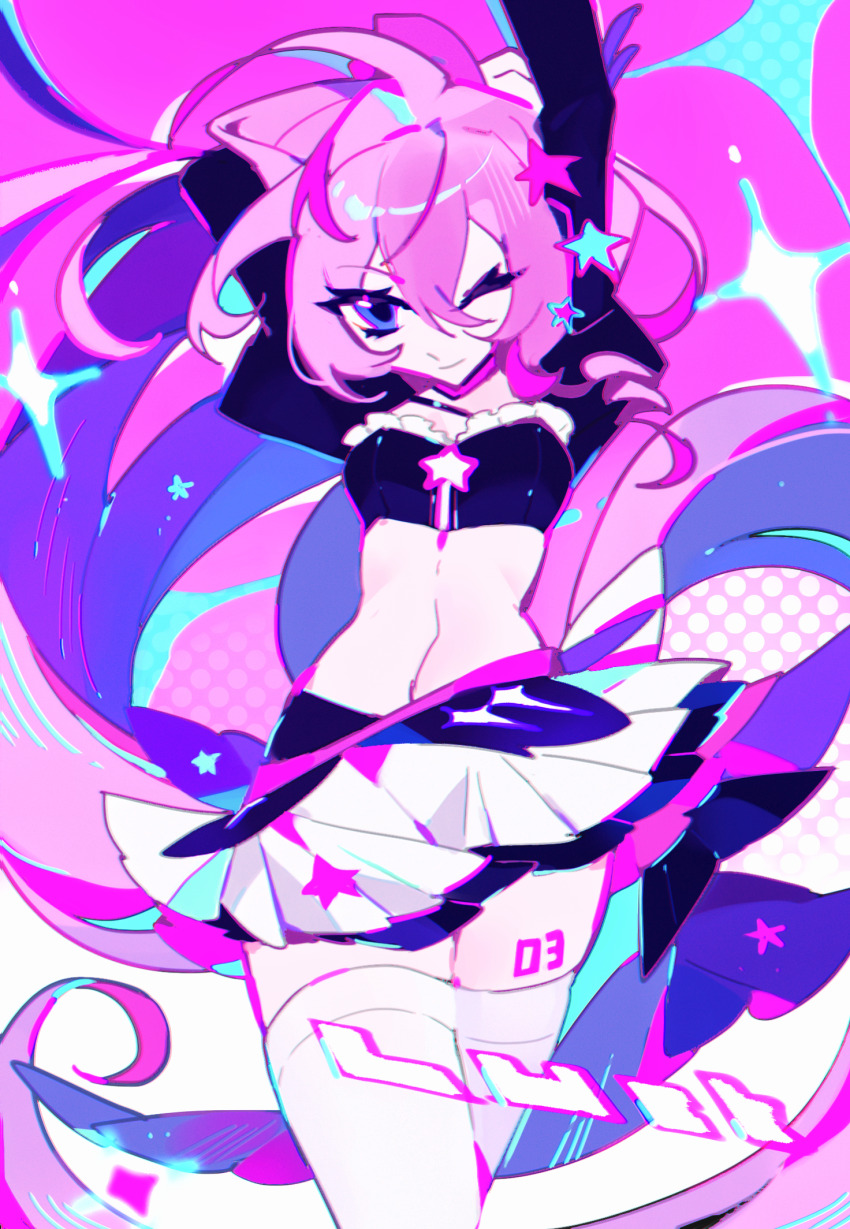 1girl, ;), arm_up, breasts, chinese_commentary, closed_mouth, commentary_request, cowboy_shot, crop_top, eyelashes, frills, hair_between_eyes, highres, long_hair, long_sleeves, megurine_luka, muse_dash, navel, one_eye_closed, pink_background, pink_hair, pleated_skirt, ponytail, shirt, skirt, small_breasts, smile, solo, star_(symbol), thighhighs, tie_fei_wu_mang_dashuai, very_long_hair, vocaloid, white_shirt, white_thighhighs