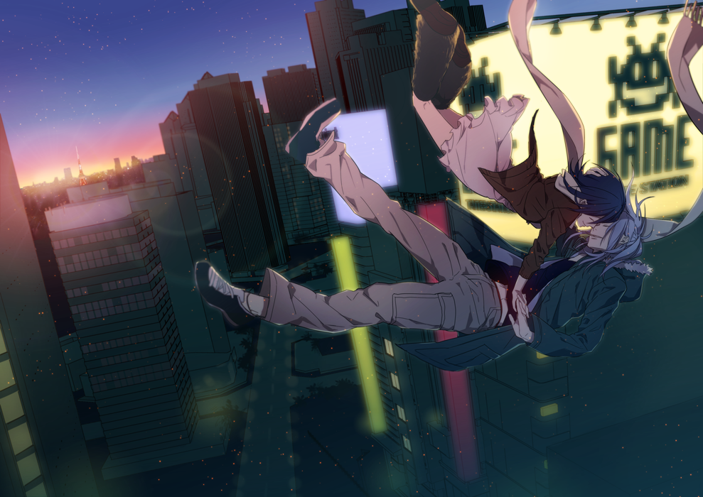 1boy, 1girl, air_gear, bad_id, bad_pixiv_id, black_hair, blue_hair, cityscape