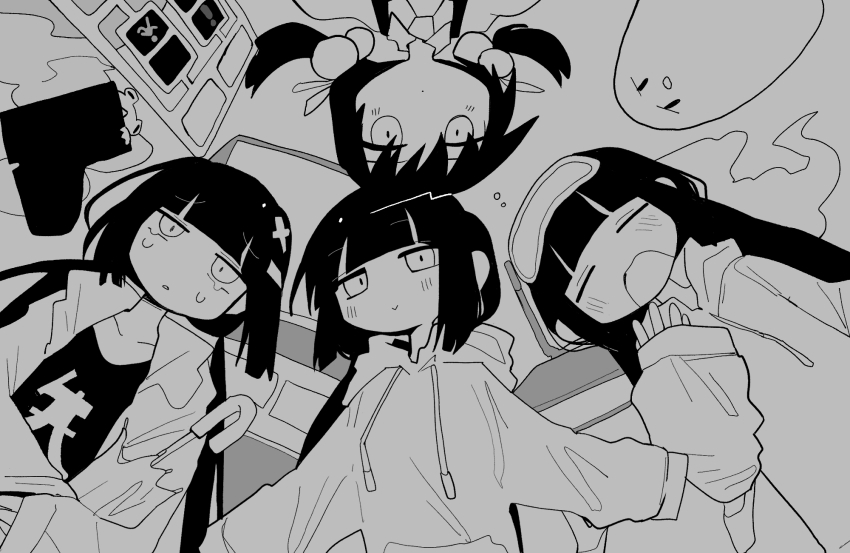 4girls, bird, closed_mouth, clothes_writing, collared_shirt, desk, greyscale, hair_bobbles, hair_ornament, hairclip, hakaba_(ksni_tbn), highres, hood, hood_down, hoodie, inabakumori, jacket, kaai_yuki, kimi_ni_kaikisen_(vocaloid), long_hair, looking_at_viewer, lost_umbrella_(vocaloid), low_twintails, mixed-language_commentary, monochrome, multiple_girls, necktie, open_clothes, open_jacket, open_mouth, osage_(nukunuku_nigirimeshi), relayouter_(vocaloid), shirt, short_hair, sign, smile, twintails, vocaloid, yawning