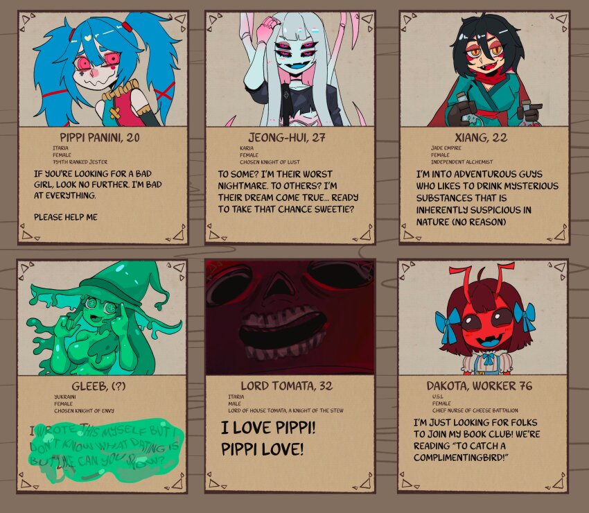 5girls, :d, absurdres, arthropod_girl, bare_shoulders, basedbinkie, black_choker, black_hair, black_shirt, blue_bow, blue_hair, bow, choker, collarbone, colored_skin, crop_top, dakota_(basedbinkie), detached_sleeves, english_text, extra_eyes, gleeb_(basedbinkie), green_eyes, green_hat, green_skin, grey_background, grey_hair, hair_bow, hat, highres, jeong-hui_(basedbinkie), long_hair, lord_tomata_(basedbinkie), multiple_girls, open_mouth, original, pink_skin, pippi_panini_(basedbinkie), red_eyes, red_skin, shirt, short_hair, smile, teeth, tongue, tongue_out, twintails, witch_hat, xiang_(basedbinkie)