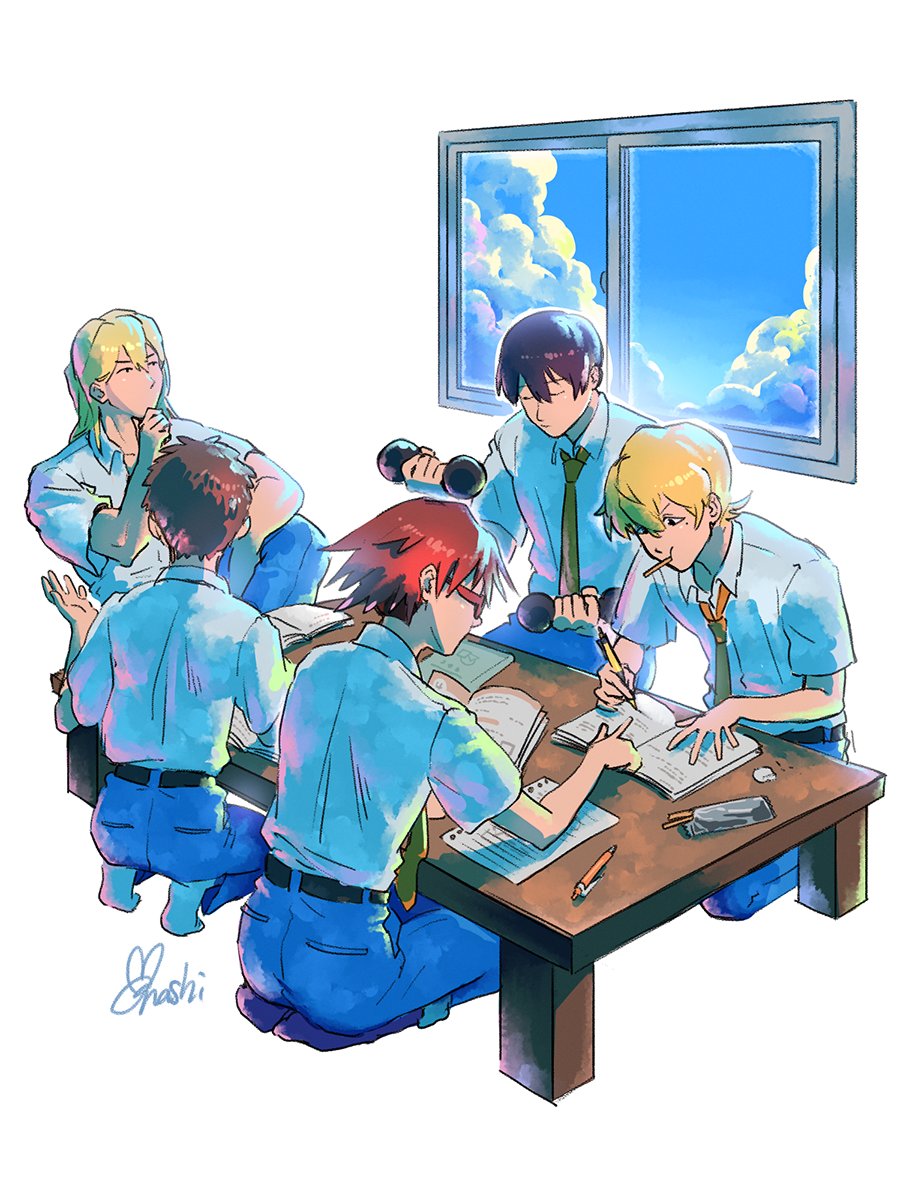 5boys, arm_up, belt, black_belt, blonde_hair, blue_hair, blue_pants, blue_sky, book, boukyaku_battery, brown_hair, butterfly_sitting, chihaya_shunpei, cloud, collared_shirt, commentary_request, denim, glasses, green_necktie, hair_between_eyes, hand_on_own_chin, highres, holding, holding_book, holding_pen, jeans, kaname_kei, kiyomine_haruka, kneeling, looking_up, male_focus, mole, mole_under_eye, multiple_boys, n20u28, necktie, notebook, open_book, pants, paper, pen, ponytail, red-framed_eyewear, red_hair, red_necktie, shirt, shirt_tucked_in, short_hair, short_sleeves, signature, sitting, sky, socks, table, todo_aoi_(boukyaku_battery), weight, white_background, white_shirt, white_socks, window, wooden_table, yamada_tarou_(boukyaku_battery)