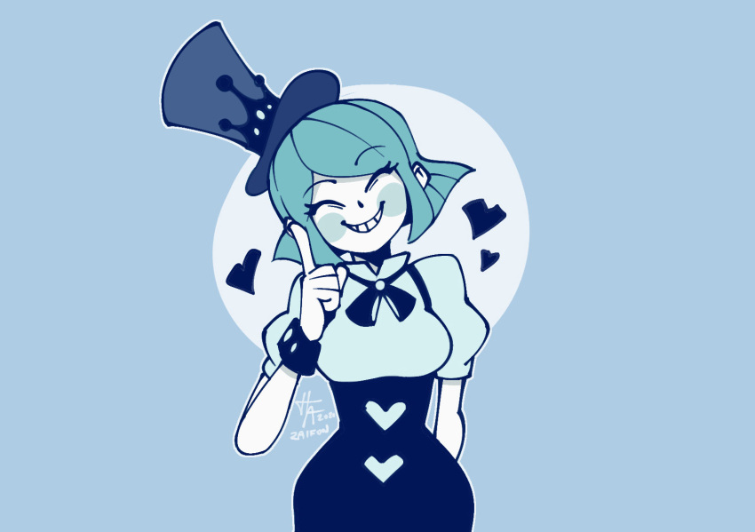 1girl, blue_background, blue_hair, blue_shirt, bow, bowtie, breasts, closed_eyes