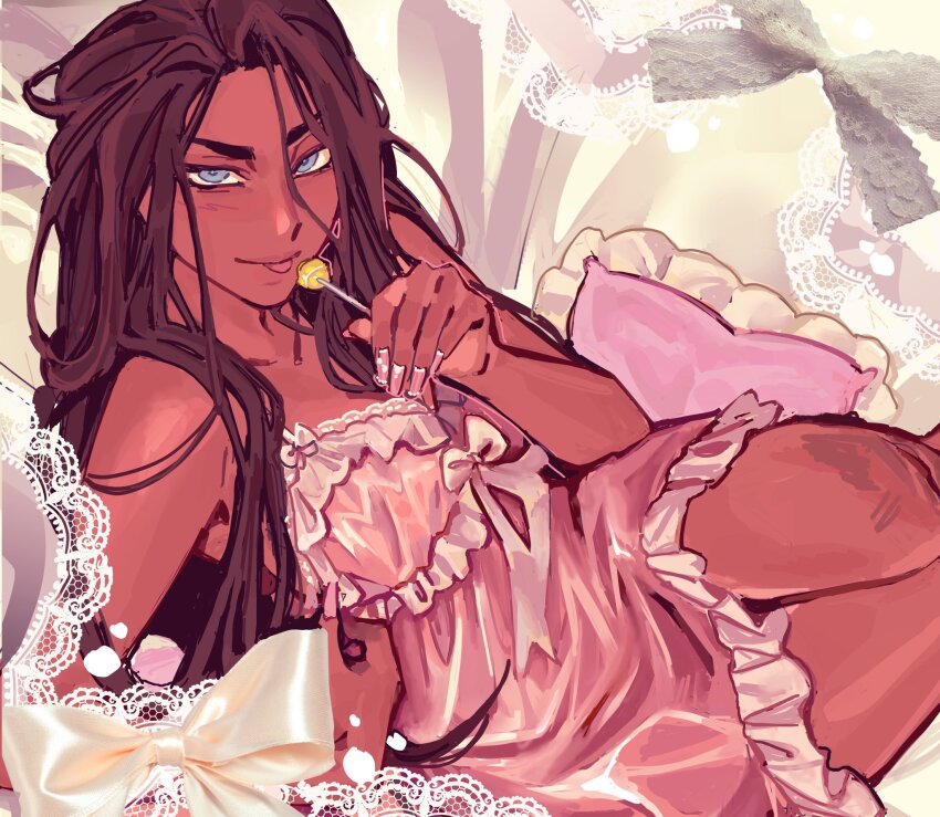 1girl, alien_stage, blush, brown_hair, candy, dark-skinned_female, dark_skin, food, grey_eyes, highres, holding, holding_candy, holding_food, holding_lollipop, hyuna_(alien_stage), lace, lace_trim, lollipop, long_hair, looking_at_viewer, lying, michaeelwave, nightgown, on_bed, on_side, pillow, pink_nails, pink_nightgown, smile, smirk, solo, spaghetti_strap, tongue, tongue_out, white_trim