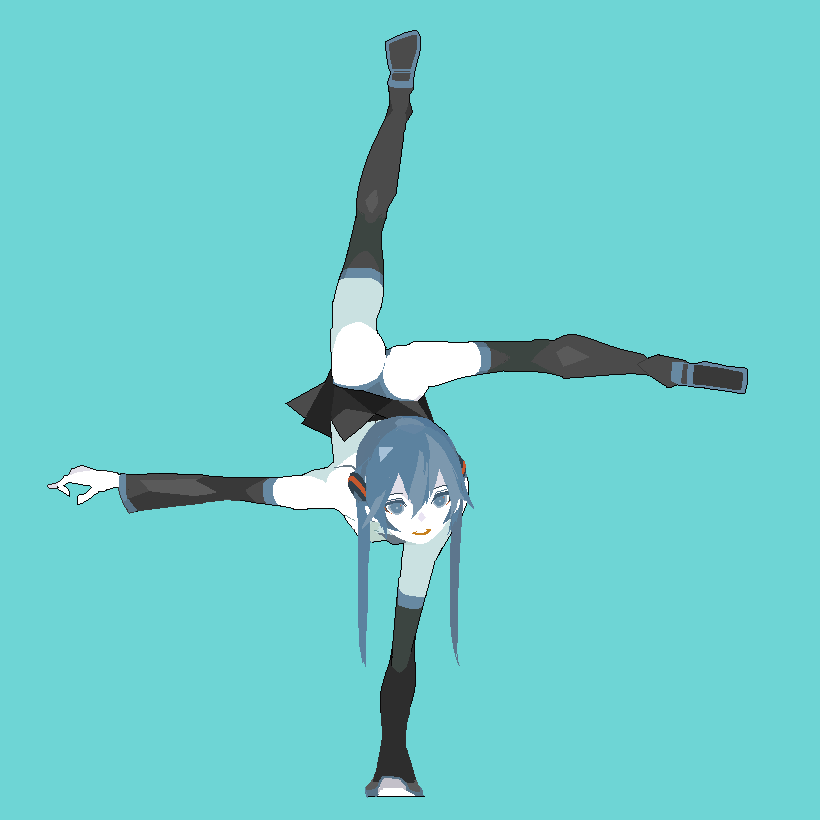 1girl, ass, balancing, black_skirt, black_thighhighs, blue_eyes, blue_hair, closed_mouth, commentary_request, green_background, hair_between_eyes, handstand, hatsune_miku, long_hair, looking_ahead, one_arm_handstand, outstretched_arm, pixel_art, pleated_skirt, sentakki, skirt, smile, solo, thighhighs, thighs, twintails, underwear, vocaloid