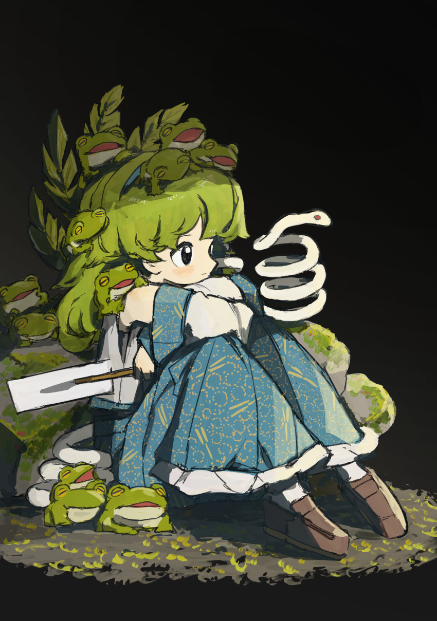 1girl, absurdres, black_background, black_eyes, blue_skirt, brown_shoes, closed_mouth, crossed_arms, detached_sleeves, expressionless, frilled_skirt, frills, frog, frog_on_head, frog_on_shoulder, from_side, full_body, gohei, green_hair, highres, holding, holding_gohei, knees_up, kochiya_sanae, long_hair, long_skirt, neruzou, on_ground, revision, rock, shirt, shoes, sitting, skirt, snake, solo, too_many_frogs, touhou, white_shirt, white_sleeves