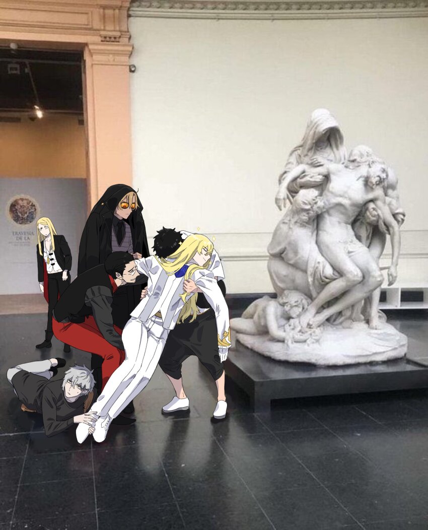 6+boys, absurdres, ascot, beryl_gut, black_coat, black_hair, black_necktie, black_pants