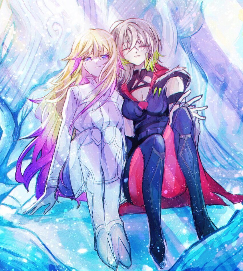 2girls, ara_312, black_dress, blonde_hair, blue_eyes, bodysuit, breasts, cleavage