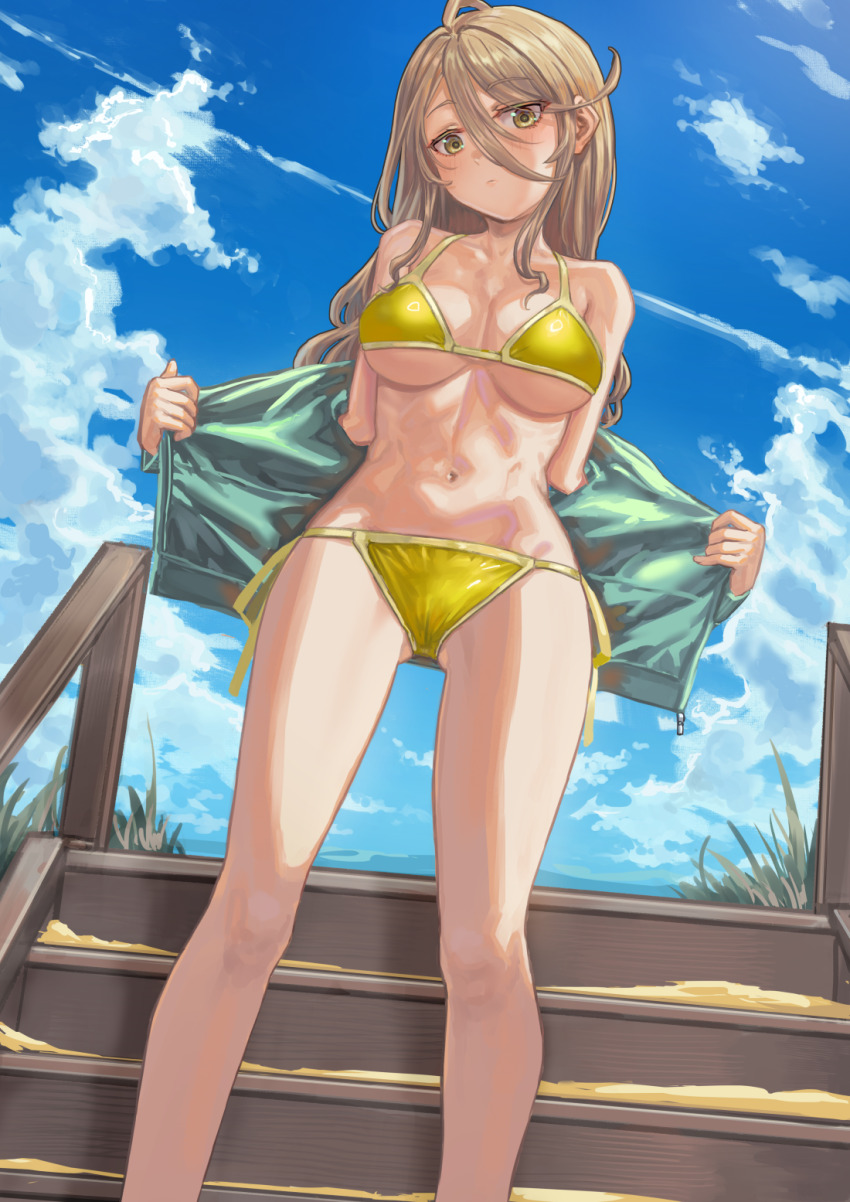 1girl, ahoge, bikini, blonde_hair, blush, breasts, breasts_apart, closed_mouth, collarbone, day, from_below, hair_between_eyes, highres, jacket, ladder, large_breasts, long_hair, long_hair_between_eyes, looking_at_viewer, looking_down, make_heroine_ga_oo_sugiru!, navel, open_clothes, open_jacket, outdoors, shikiya_yumeko, side-tie_bikini_bottom, sky, solo, string_bikini, swimsuit, underboob, yellow_bikini, yellow_eyes, yuugao