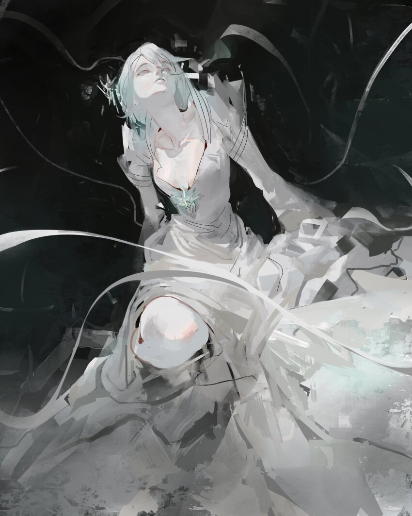 1girl, absurdres, bankai, bleach, collared_dress, cryokinesis, crystal_sword, dress