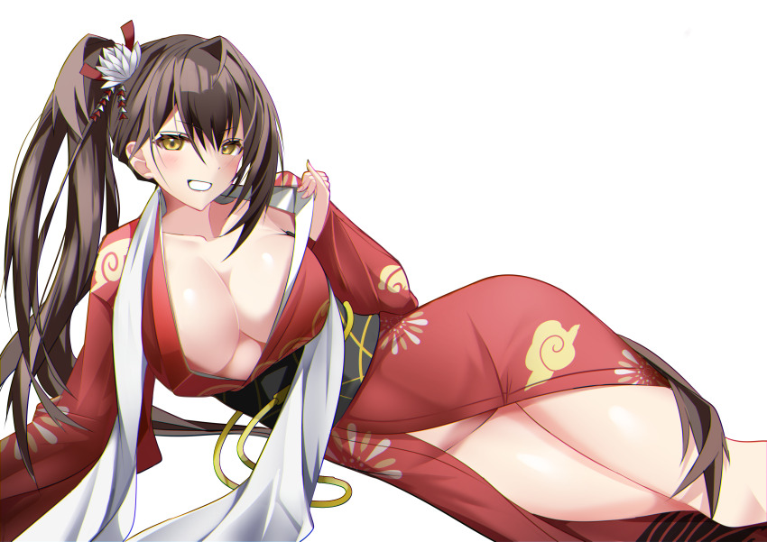 1girl, absurdres, azur_lane, black_sash, breasts, brown_hair, center_opening, cleavage