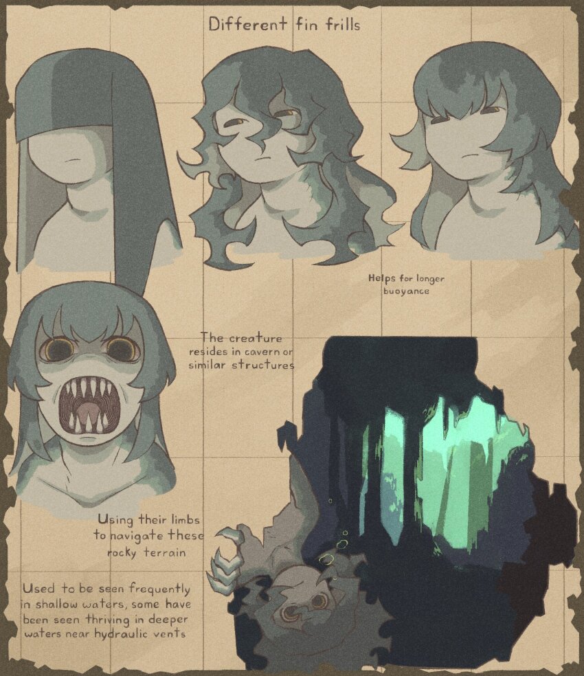 1girl, blue_hair, blue_skin, brown_background, claws, colored_skin, dilated_pupils, english_text