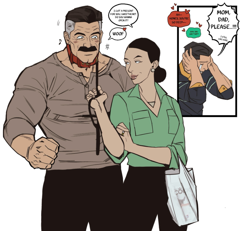 1girl, 2boys, animal_collar, bag, black_hair, black_pants, blue_shirt, bonjourdraws, collar, debbie_grayson, earrings, east_asian, embarrassed, excited, facial_hair, father_and_child, father_and_son, green_shirt, grey_shirt, highres, husband_and_wife, invincible_(series), jewelry, mark_grayson, mature_female, mature_male, mother_and_child, mother_and_son, multicolored_hair, multiple_boys, musical_note, mustache, naughty_face, nolan_grayson, pants, parent_and_child, pet_play, raised_eyebrow, shirt, shopping_bag, two-tone_hair, uncomfotable
