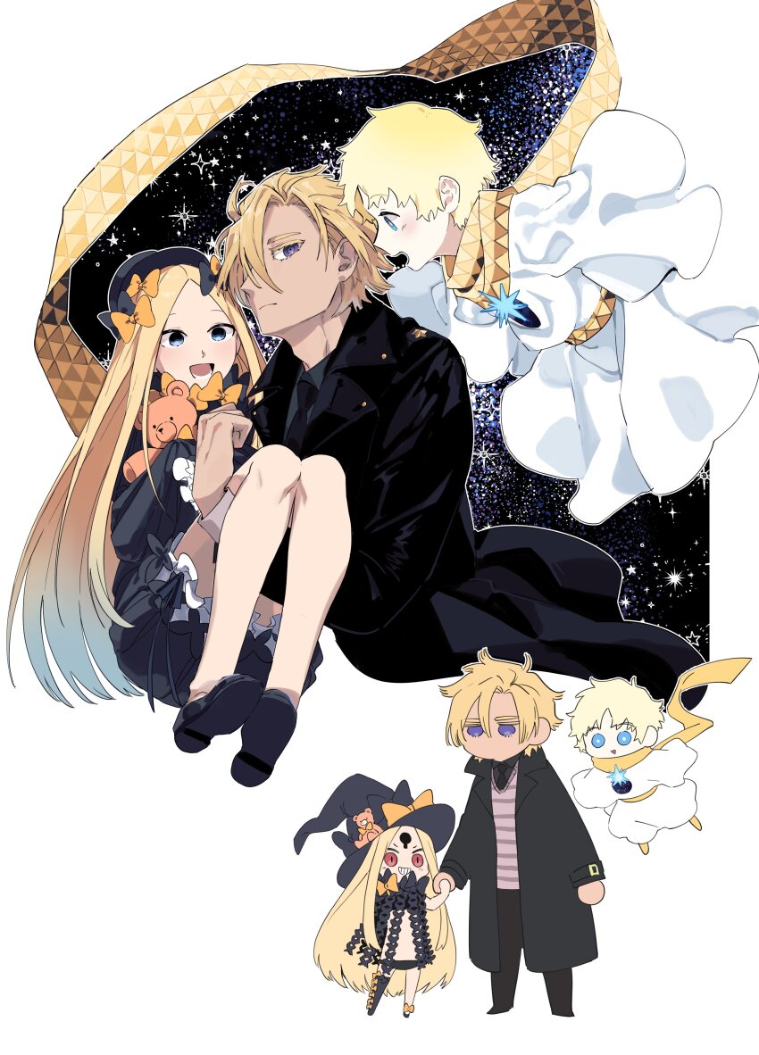 1girl, 2boys, abigail_williams_(fate), abigail_williams_(second_ascension)_(fate), absurdres, belt, black_bow, black_coat