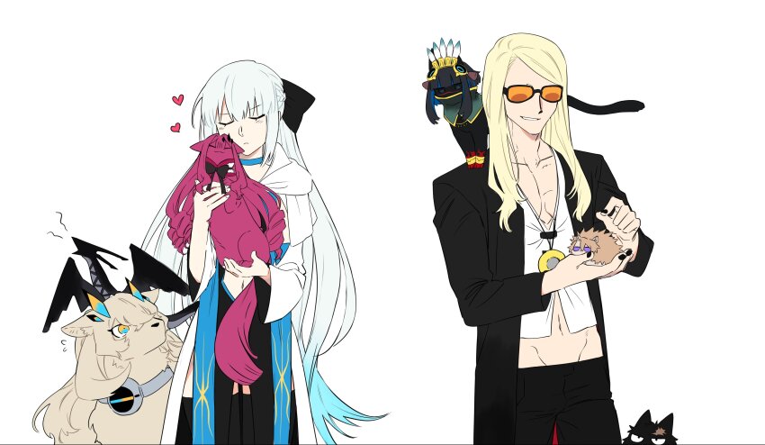 1boy, 1girl, absurdres, animal, animal_on_shoulder, animalization, baobhan_sith_(fate), baobhan_sith_(first_ascension)_(fate), barghest_(fate), barghest_(first_ascension)_(fate), black_bow, black_bowtie, black_coat, black_dress, black_nails, black_pants, black_thighhighs, blonde_hair, blue_choker, blue_hair, bow, bowtie, braid, cat, cat_on_shoulder, choker, cloak, closed_eyes, closed_mouth, clothing_cutout, coat, cowboy_shot, crop_top, crossed_bangs, daybit_sem_void, detached_sleeves, dog, dragon, dress, drill_hair, fate/grand_order, fate_(series), flying_sweatdrops, gradient_hair, groin, hair_between_eyes, hair_bow, hands_up, headdress, heart, hedgehog, highres, holding, holding_animal, holding_cat, horns, hunyangzi, izcalli_(fate), long_hair, long_sleeves, looking_at_animal, medallion, melusine_(fate), morgan_le_fay_(fate), morgan_le_fay_(second_ascension)_(fate), multicolored_hair, nail_polish, navel, orange-tinted_eyewear, pants, parted_hair, parted_lips, pink_hair, scar, shirt, simple_background, small_dragon, smile, stomach_cutout, sunglasses, tenochtitlan_(fate), tenochtitlan_(first_ascension)_(fate), tezcatlipoca_(fate), tezcatlipoca_(first_ascension)_(fate), thighhighs, tinted_eyewear, white_background, white_cloak, white_hair, white_shirt, white_sleeves, wide_sleeves
