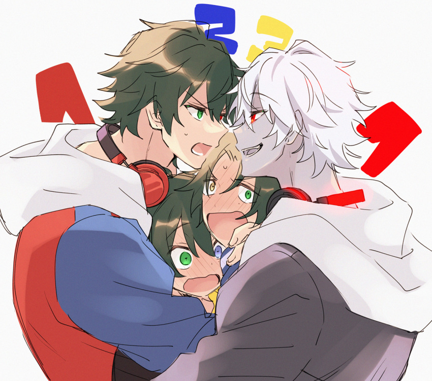 4boys, :o, black_hair, blue_eyes, blush, boy_sandwich, brothers, colored_skin