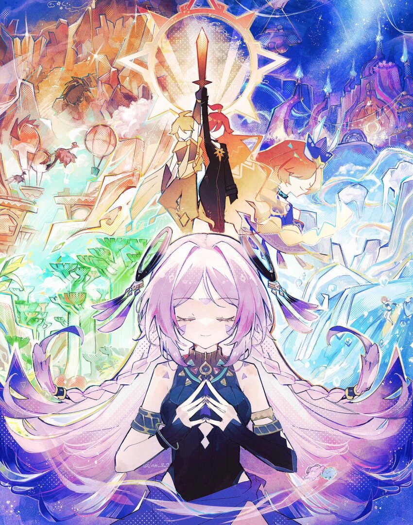 1boy, 4girls, aether_(genshin_impact), ahoge, aircraft, arm_armor, arm_up, artist_name, asymmetrical_gloves, baggy_pants, bangle, bare_shoulders, beak, biker_clothes, bikesuit, bird, black_bodysuit, black_gloves, black_leotard, blonde_hair, blue_background, bodysuit, bracelet, braid, breasts, brown_gloves, brown_pants, brown_shirt, building, choker, citlali_(genshin_impact), closed_eyes, closed_mouth, colorful_background, crown, elbow_gloves, faceless, faceless_male, facial_mark, feathered_wings, fingerless_gloves, floating_hair, forehead_mark, genshin_impact, gloves, gradient_hair, green_background, hair_ornament, hands_up, highres, holding, holding_sword, holding_weapon, hot_air_balloon, jewelry, kino-cands, leotard, long_hair, long_sleeves, low-braided_long_hair, low-tied_long_hair, mavuika_(genshin_impact), medium_breasts, midriff, multicolored_hair, multiple_girls, nail_polish, necklace, ocean, orange_background, orange_hair, pants, pink_hair, purple_background, purple_nails, purple_skirt, red_hair, scarf, shirt, short_sleeves, sidelocks, skirt, smile, star_ornament, sun_symbol, sword, tassel, tree, twin_braids, upper_body, water, waves, wavy_hair, weapon, wide_sleeves, wings, yellow_scarf