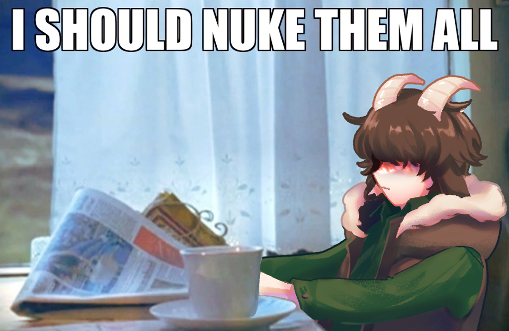 1boy, animal_ears, brown_hair, brown_vest, calampus, commentary_request, cup, dream_smp, english_text, fur-trimmed_vest, fur_trim, goat_boy, goat_ears, goat_horns, green_shirt, holding, holding_newspaper, horns, image_macro_(meme), indoors, male_focus, meme, minecraft_youtube, mixed-language_commentary, newspaper, official_alternate_costume, open_clothes, open_vest, photo_background, shirt, short_hair, solo, teacup, tubbo, vest