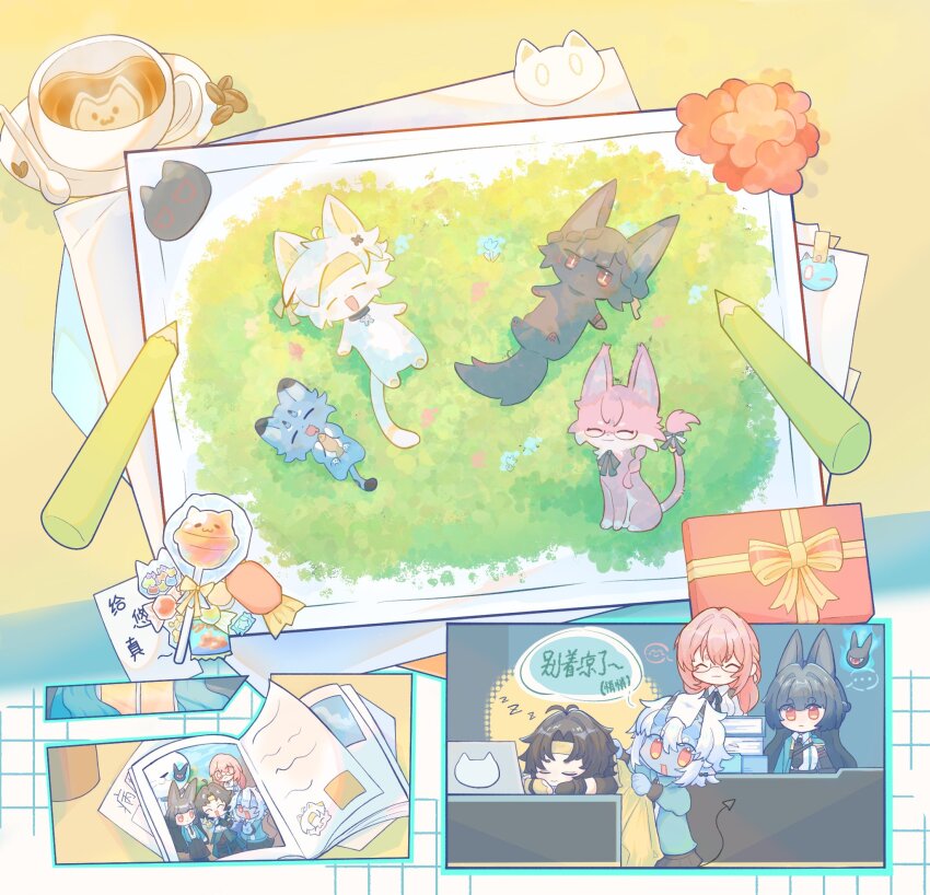 1boy, 3girls, asaba_harumasa, asaba_harumasa_(cat), black_cat, black_hair, blue_cat, blunt_bangs, carelly1224, cat, closed_eyes, closed_mouth, dress_shirt, glasses, green_jacket, hair_between_eyes, headband, highres, horns, hoshimi_miyabi, hoshimi_miyabi_(cat), indoors, jacket, long_hair, multiple_girls, oni, open_mouth, pink_cat, shirt, short_hair, sidelocks, sleeping, smile, soukaku_(cat), soukaku_(zenless_zone_zero), tail, tailless_(zenless_zone_zero), tsukishiro_yanagi, tsukishiro_yanagi_(cat), white_cat, white_hair, white_shirt, yellow_headband, zenless_zone_zero