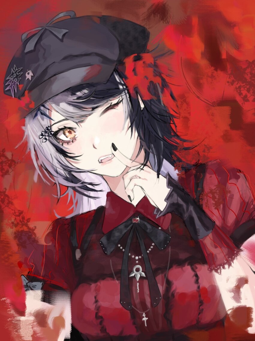 1girl, black_hair, black_hat, black_nails, black_ribbon, dress, grey_hair, hair_ornament, hat, highres, hololive, hololive_english, maiemuri, multicolored_hair, one_eye_closed, open_mouth, red_background, red_dress, ribbon, shiori_novella, shiori_novella_(casual), solo, split-color_hair, two-tone_hair, virtual_youtuber, yellow_eyes