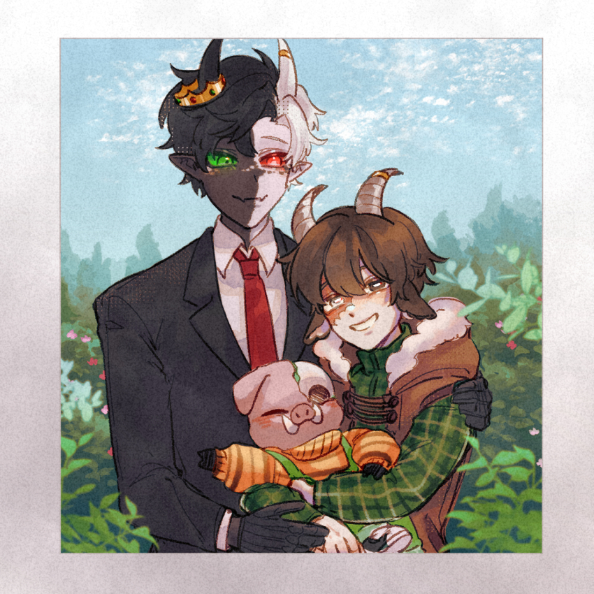 1other, 2boys, adoptive_parent_and_adoptive_child, animal_ears, animification, brown_hair, burn_scar, calampus