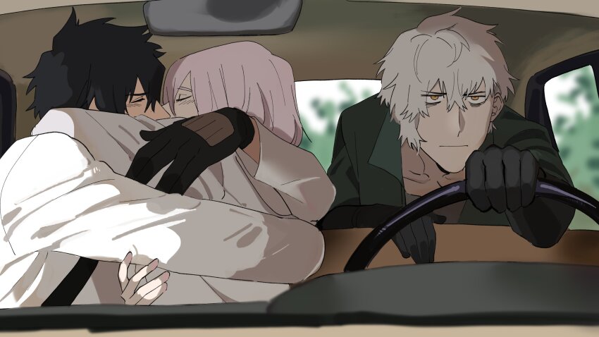 1girl, 2boys, annoyed, arm_around_neck, bags_under_eyes, black_gloves, black_hair, car_interior, closed_mouth, fate/grand_order, fate_(series), fujimaru_ritsuka_(male), fujimaru_ritsuka_(male)_(decisive_battle_chaldea_uniform), gloves, green_jacket, grey_hair, hair_between_eyes, hand_up, hetero, highres, hitman's_wife's_bodyguard, hug, hunyangzi, jacket, kadoc_zemlupus, kiss, long_sleeves, looking_ahead, mash_kyrielight, multiple_boys, parody, pink_hair, scene_reference, short_hair, steering_wheel, third_wheel, white_jacket, yellow_eyes