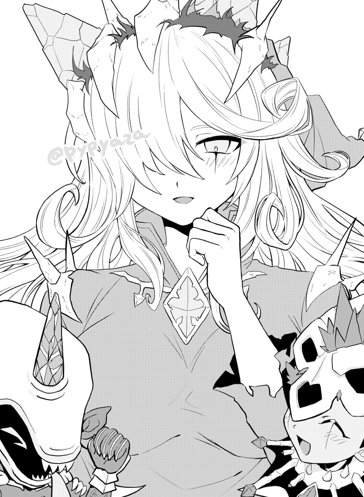 breasts, dark_skin, duel_monster, greyscale, horns, mementotlan_angwitch, mementotlan_goblin, mementotlan_mace