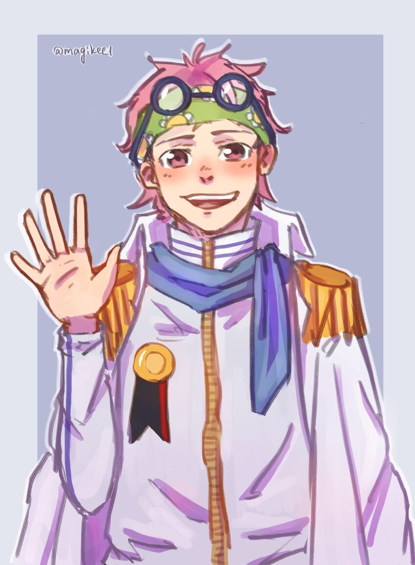 1boy, blue_neckerchief, blush, coat, coat_on_shoulders, epaulettes, eyewear_on_head, green_headband