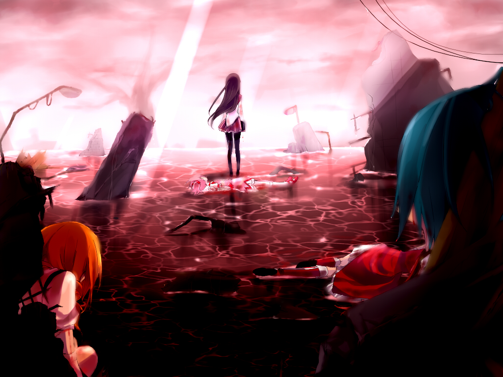 10s, 5girls, akemi_homura, akemi_homura_(magical_girl), bad_id, bad_pixiv_id, black_hair, death