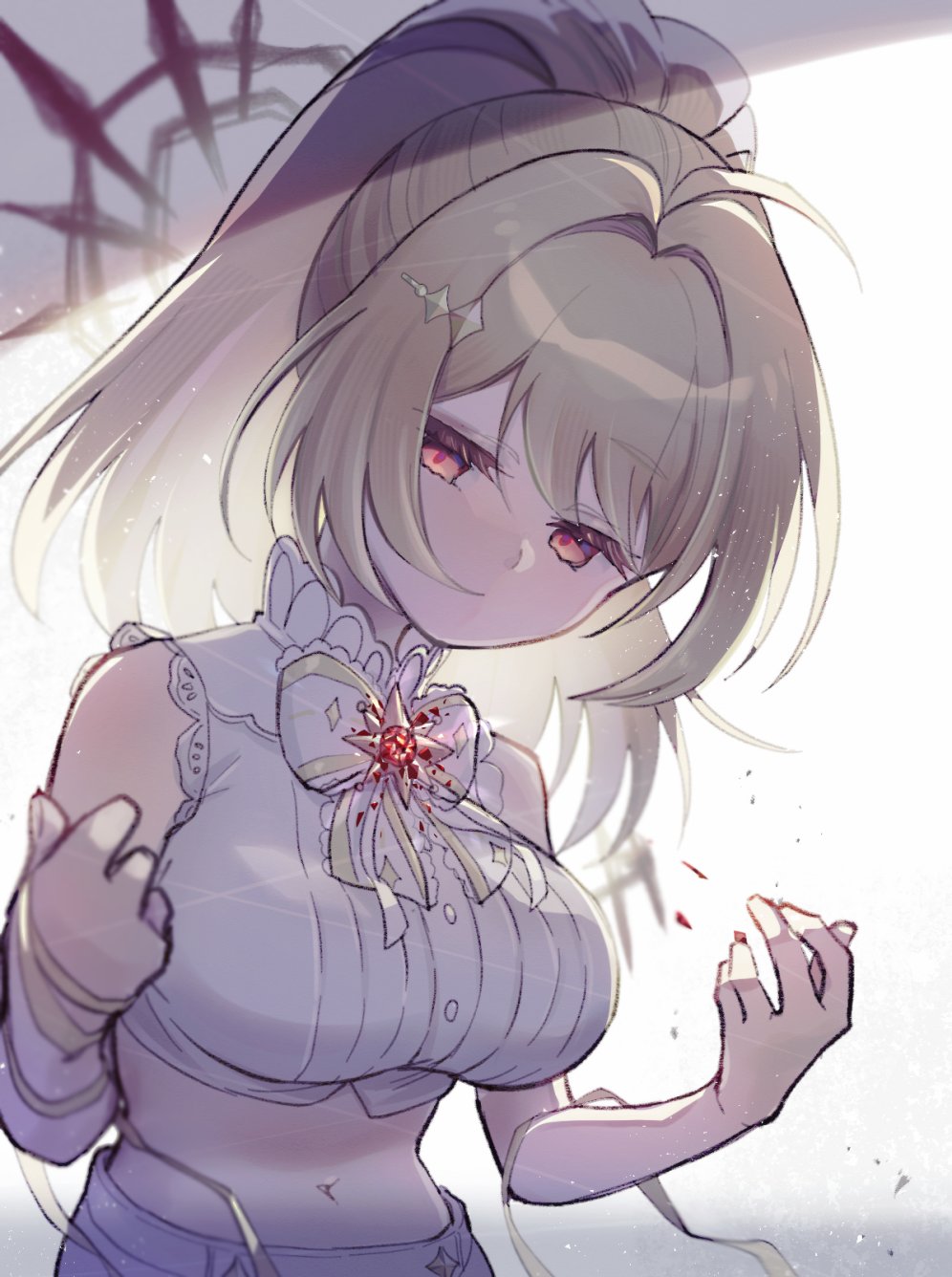 1girl, ahoge, blonde_hair, bow, bowtie, breasts, buttons, clenched_hand