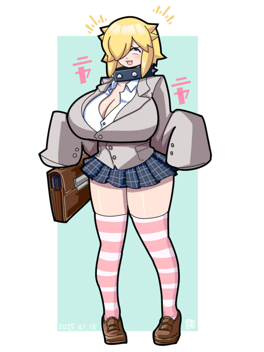 1girl, bag, black_skirt, blazer, blonde_hair, blue_background, blush, breasts, brown_bag, buttons, cleavage, collar, collared_shirt, commentary_request, cookie_(touhou), dated, fake_yuuhi_(cookie), full_body, grey_jacket, hair_over_one_eye, highres, holding, holding_bag, huge_breasts, itini-sanshi, jacket, miniskirt, notice_lines, open_mouth, pink_thighhighs, plaid_clothes, plaid_skirt, pleated_skirt, school_bag, school_uniform, shirt, skirt, sleeves_past_fingers, sleeves_past_wrists, smile, solo, spiked_collar, spikes, striped_clothes, striped_thighhighs, thighhighs, two-tone_background, upturned_eyes, white_background, white_shirt, white_thighhighs