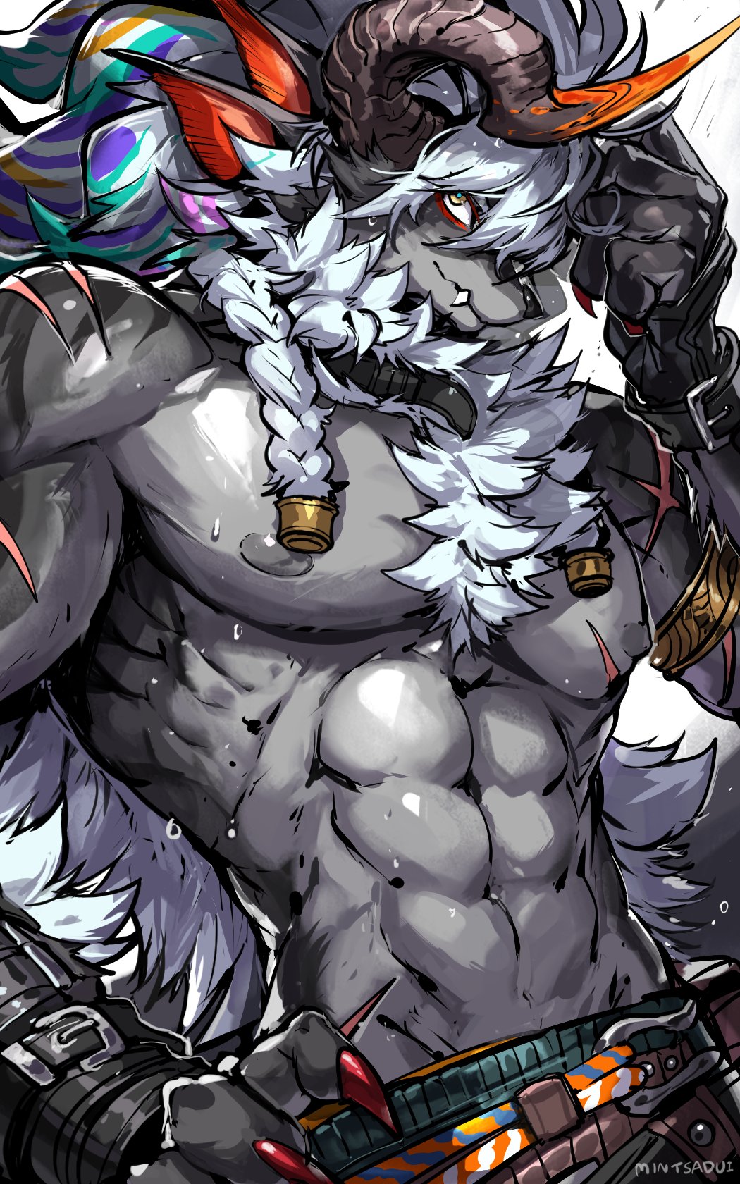 1boy, abs, artist_name, bara, braid, claws, closed_mouth, commentary