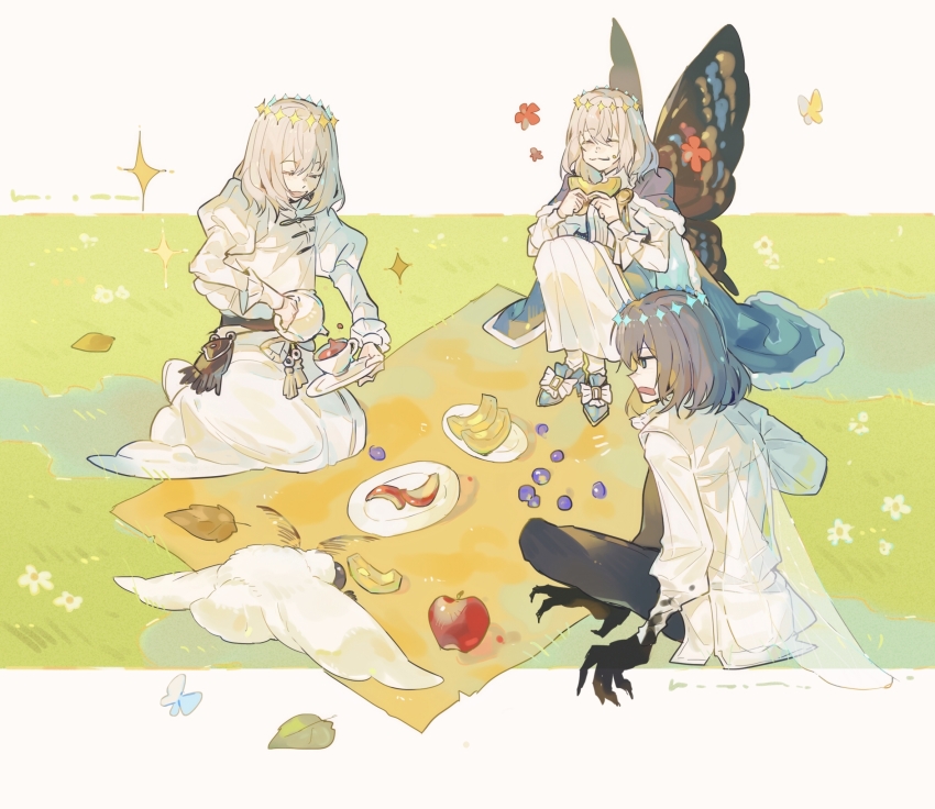 3boys, apple, belt, black_pants, blue_eyes, blue_shoes, brown_belt, butterfly_wings