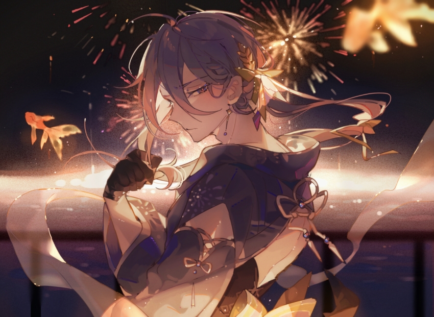 1boy, blue_kimono, chinese_commentary, commentary_request, crossdressing, crossdressing_(mtf), earrings, edmond_(nu_carnival)