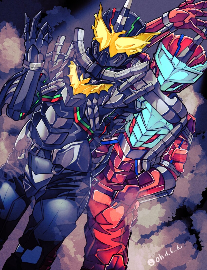 armor, asymmetrical_horns, bat_(animal), belt, black_bodysuit, blood_stalk, blue_eyes, blue_horns