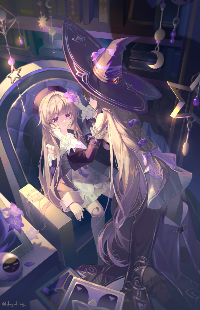 2girls, absurdres, black_dress, black_hat, black_sleeves, book, book_stack, bookshelf