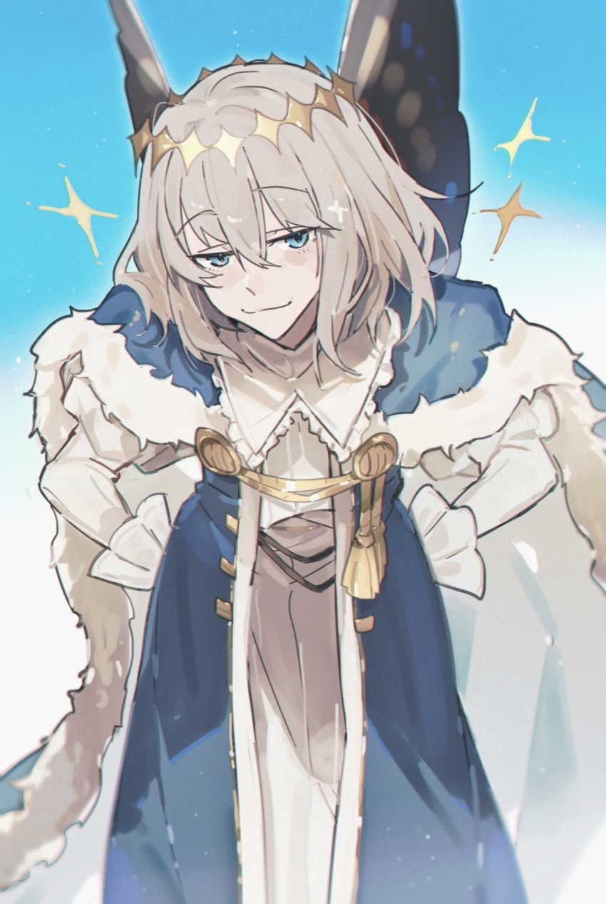 1boy, black_wings, blue_cape, blue_eyes, butterfly_wings, cape, chinese_commentary, chromatic_aberration